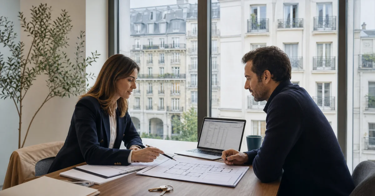 Investisseur et conseillère comparant un projet d’investissement immobilier dans un bureau