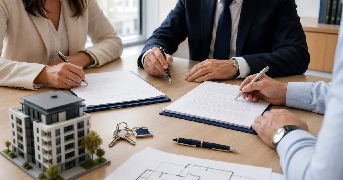 Acheteurs et notaire comparant une promesse et un contrat de vente immobilière en Suisse
